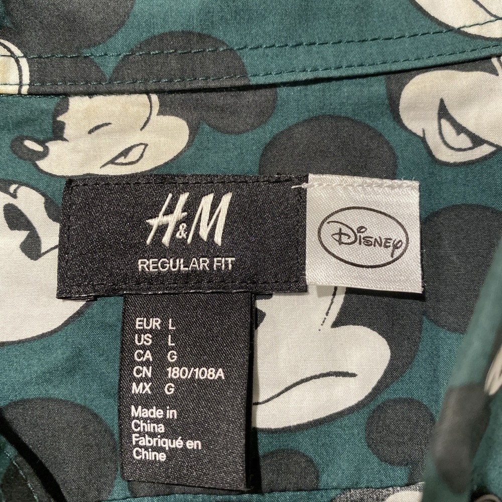 H&M Disney Men Shirt Vintage Mickey Mouse Green Long Sleeve Size Medium - Picture 3 of 5